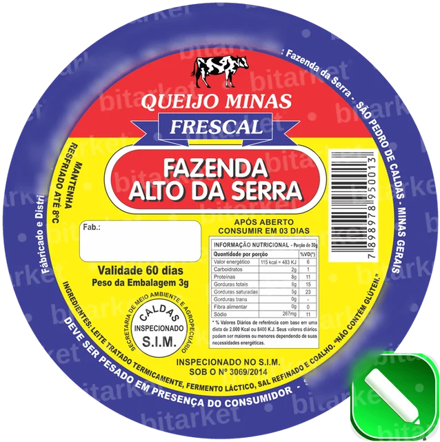 Rótulo redondo de queijo minas frescal recriado em vetor, nítido e pronto para impressão